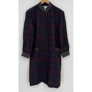 Ted Lapidus Couture Women's Coat Navy‎ Burgundy Plaid Leather Trim FR 42